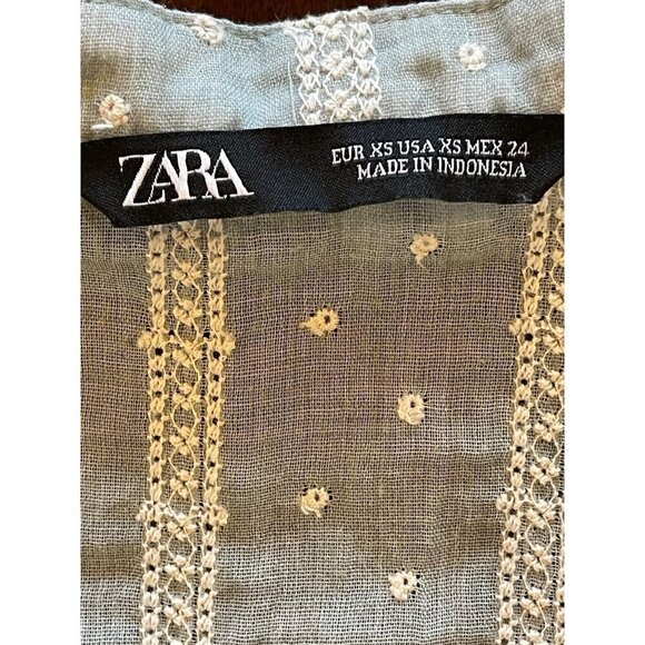 Zara Blue Green Embroidered Pom Pom Neck Embroidered Eyelet Blouse Size XS - Picture 7 of 7